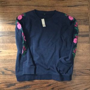 NWT jcrew navy sweatshirt w/ embroidered flowers.